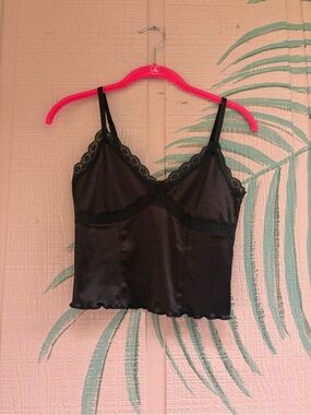 H&M Black Satin Lace-Trim Cami Tank Top